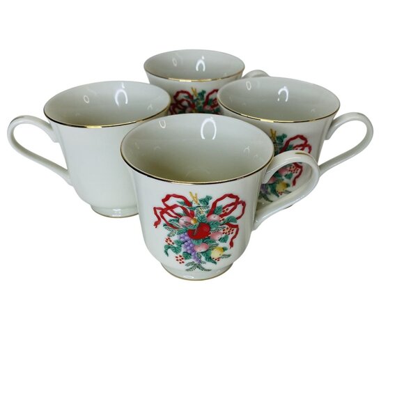 Elegant Vintage Fine China Tea Cup & Saucer Set of 4 Floral Ribbon Gold Trim - Picture 8 of 10